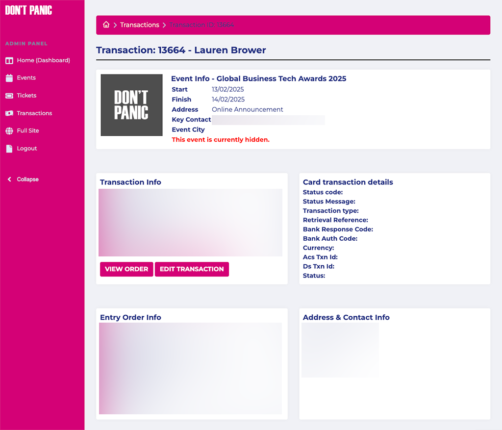 Transaction homepage