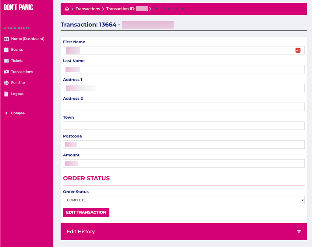 Transaction homepage