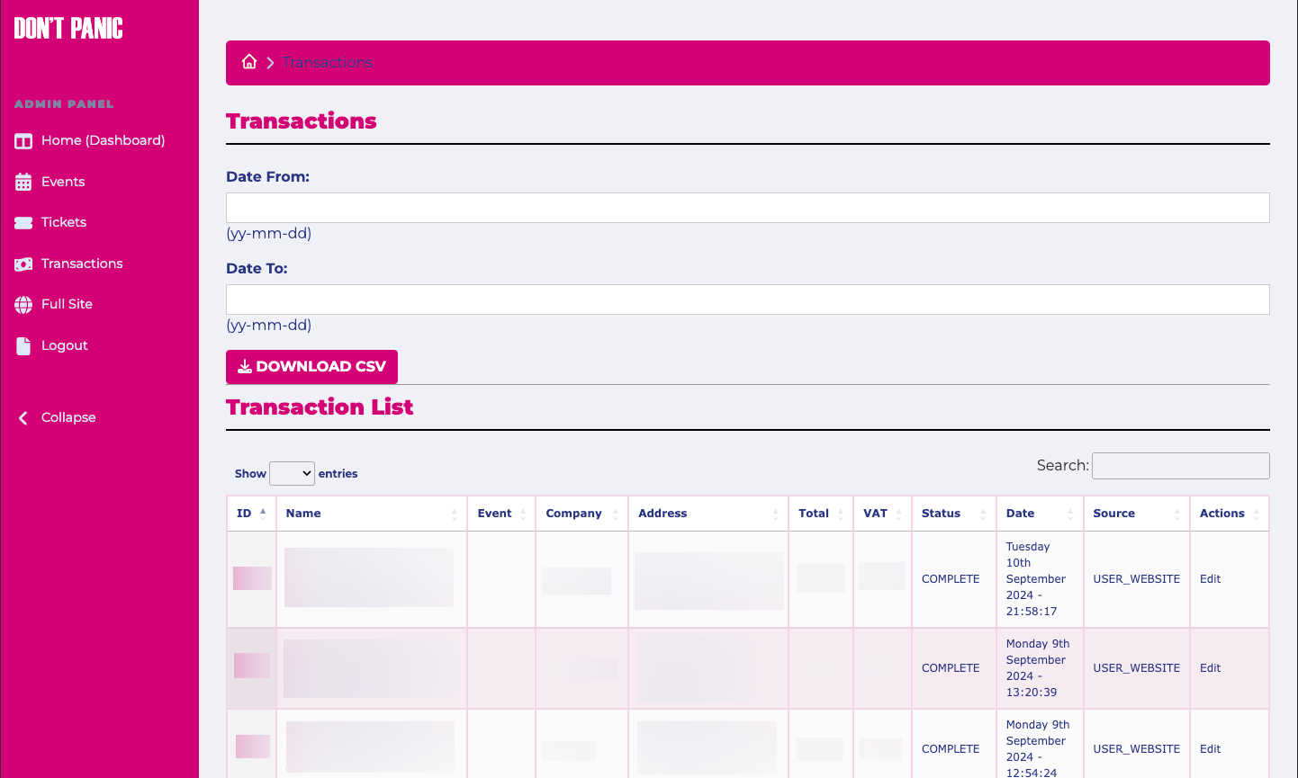 Transaction homepage